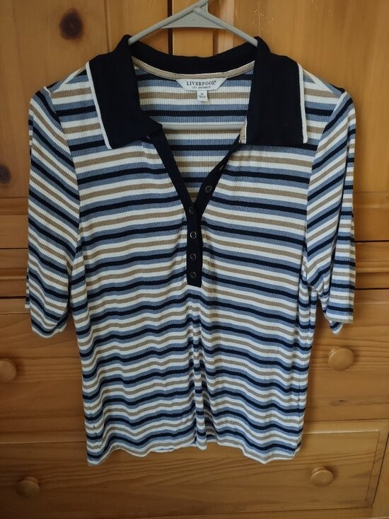 Liverpool Tops - Liverpool Los‎ Angeles Striped Ribbed Polo Shirt Blue Women's M